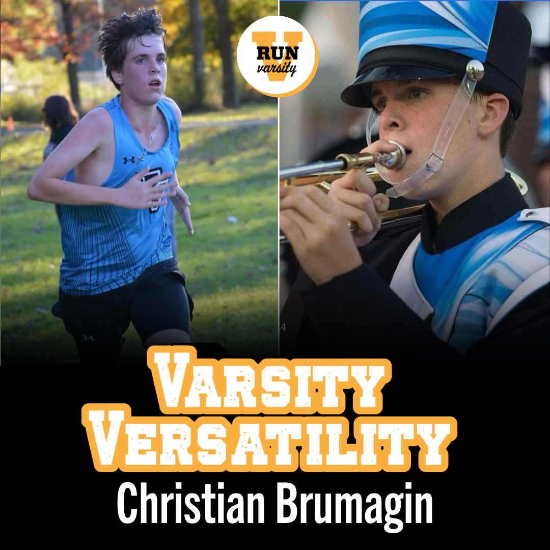 A side by side Image of a high school student athlete at a cross country meet and playing in the band.