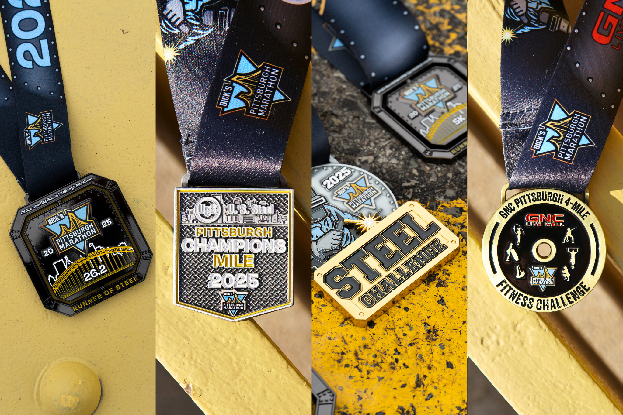 A selection of medals from different events at the 2025 DICK'S Sporting Goods Pittsburgh Marathon Weekend of Events