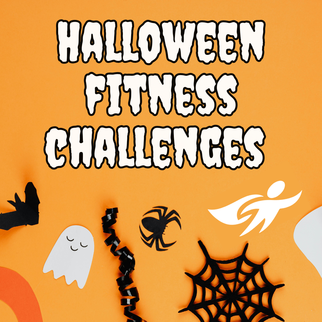 Halloween fitness challenges blog graphic with ghosts, bats, and spiderwebs.