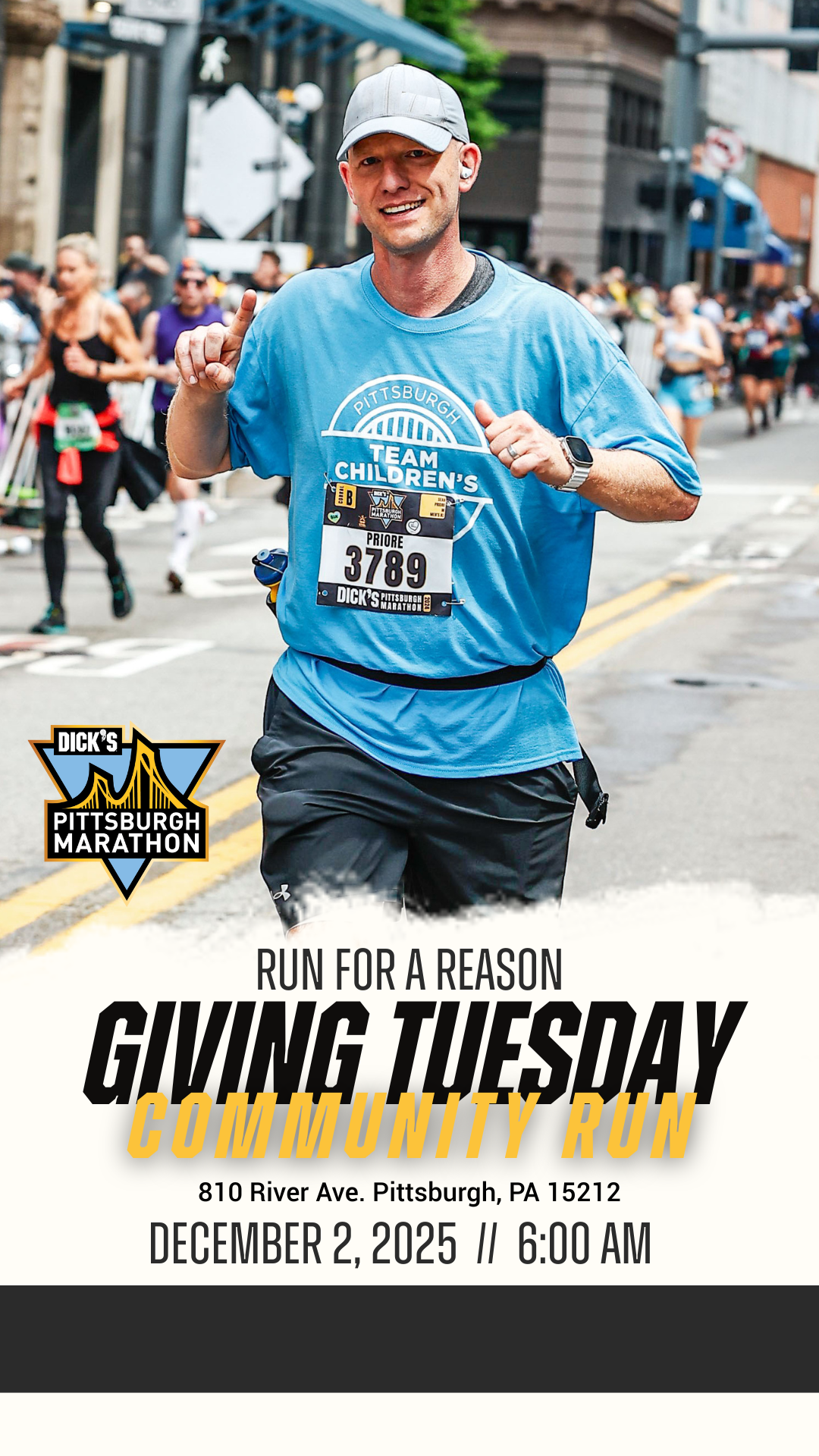 a man running, smiling, and holding up his index finger. Text reads: Run for a reason Giving Tuesdays Community run  810 River Ave. Pittsburgh, Pa 15212 December 2, 2025 // 6:00 am