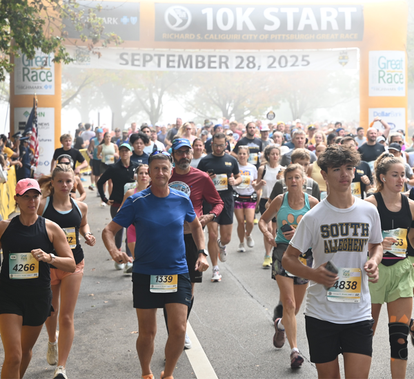 Adult male race participant excited to be running in the Pittsburgh Great Race